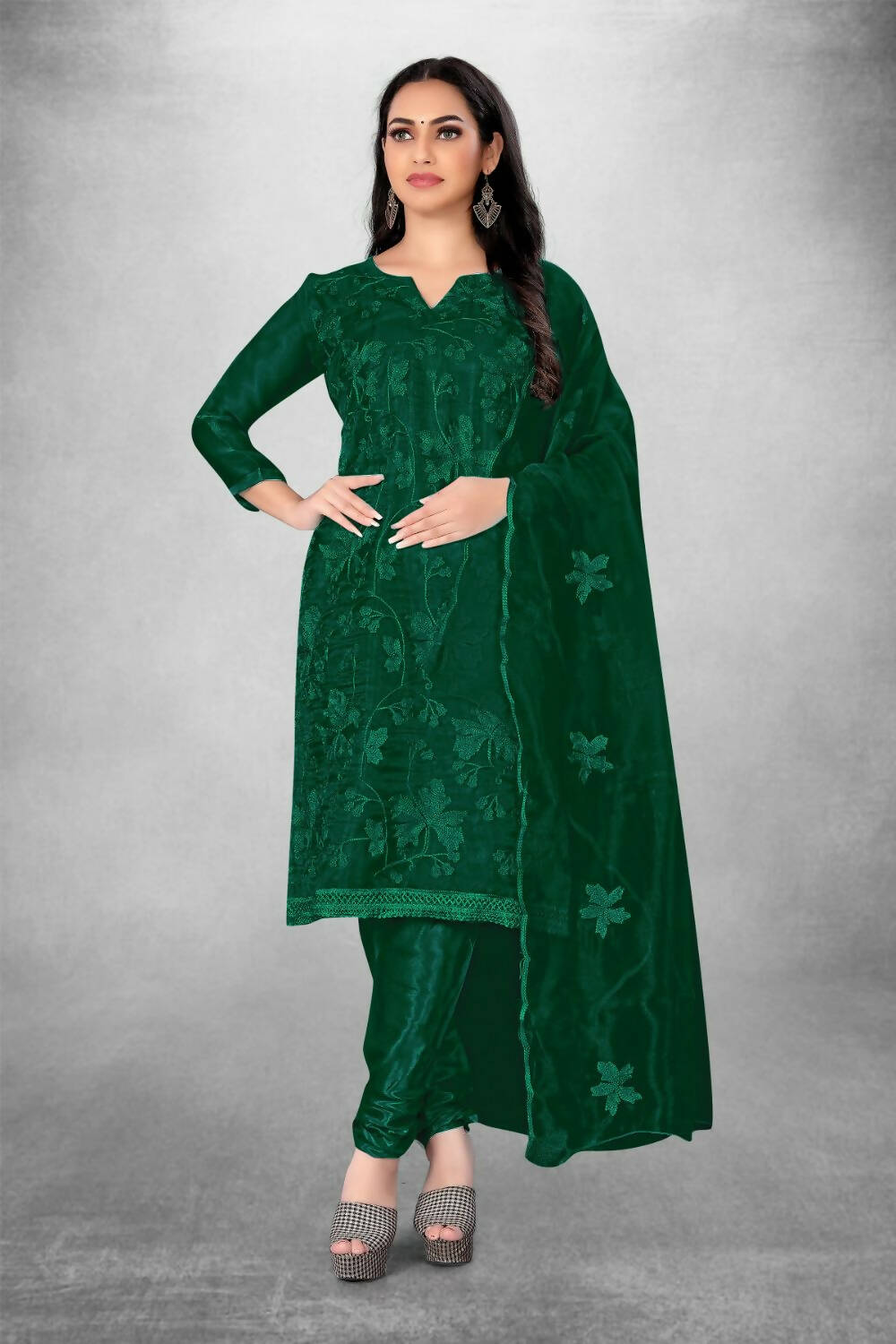 Dark Green Heavy Organza Silk Embroidered Unstitched Dress Material - Amara - Distacart
