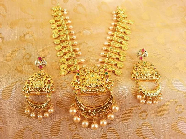 Multicolor Gold Plated Lakshmi Kasu Necklace Set