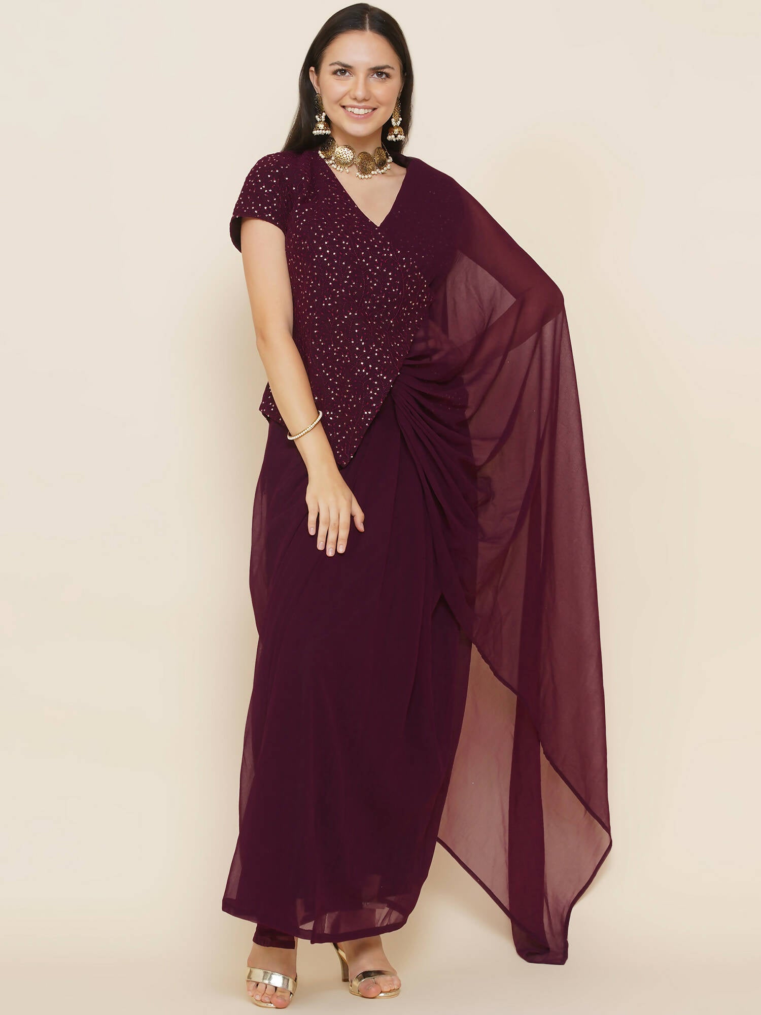 Women Republic Bronze Georgette Jacket With Skirt - Distacart