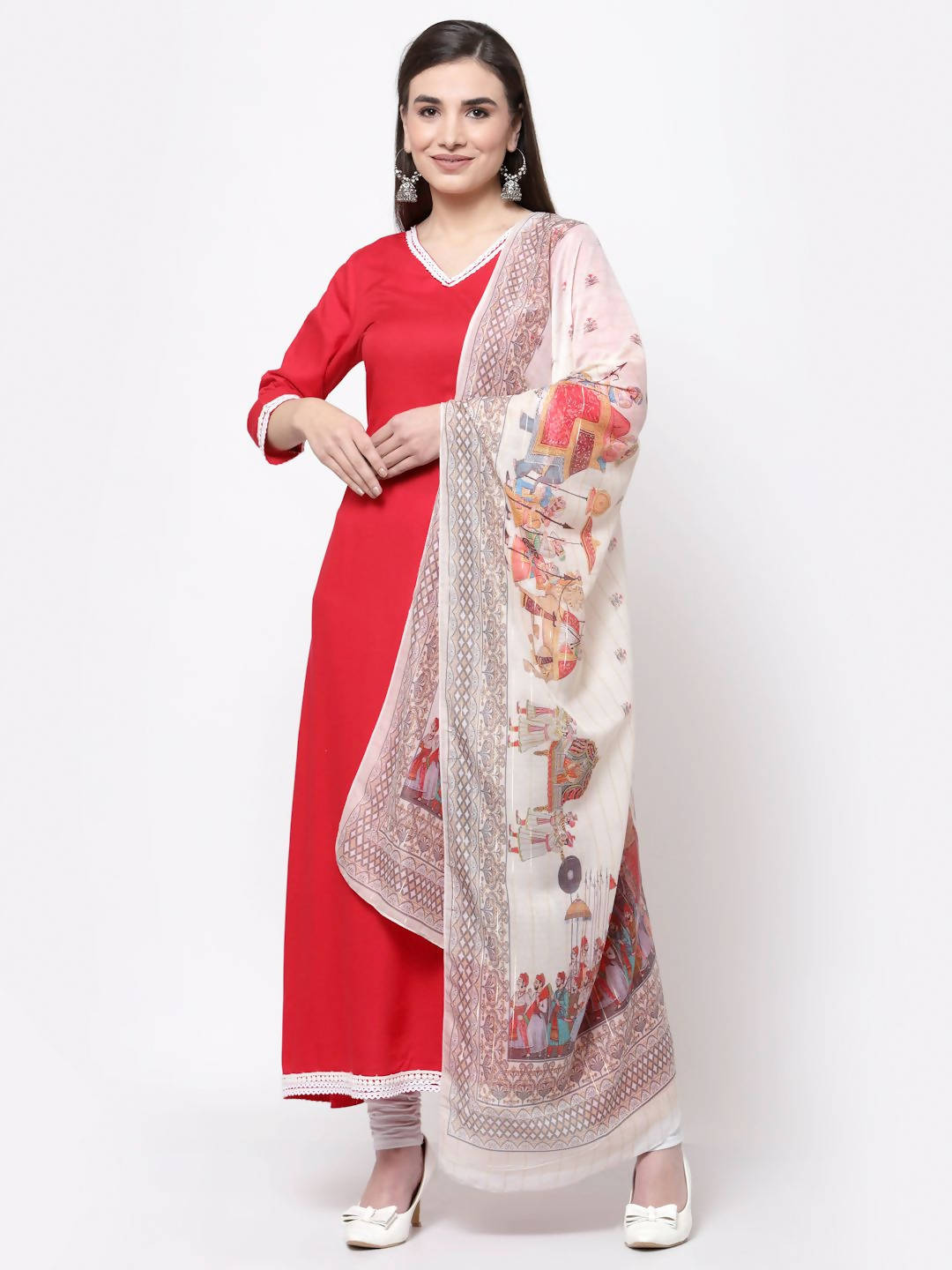 Myshka Pink Cotton Solid 3/4 Sleeve V Neck Casual Kurta Dupatta Set