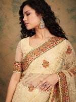 Thumbnail for Sangria Yellow Beige Embroidered Net Sarees - Distacart