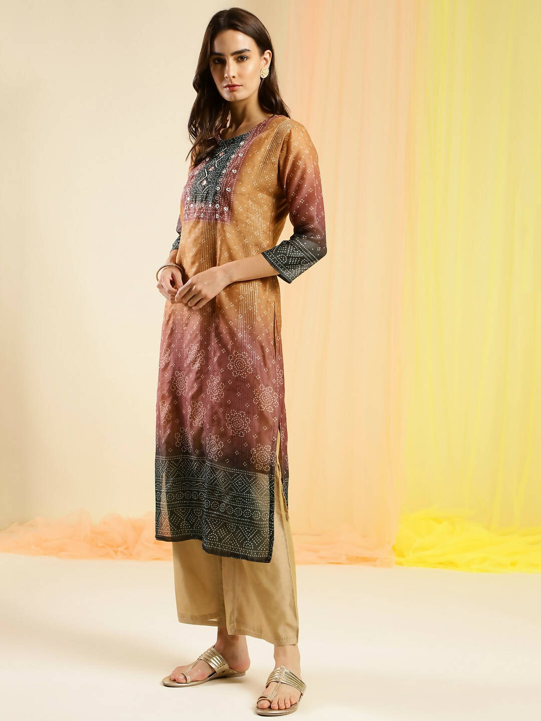 Orange Chinon Digital Printed With Hand Work Kurta - Himanshi - Distacart