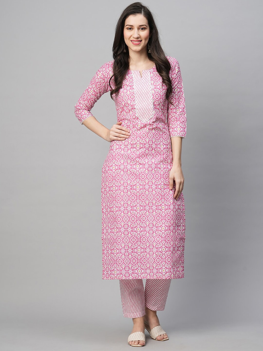 Kalini Ethnic Motif Printed Notched Neck Kurta With Trousers - Distacart