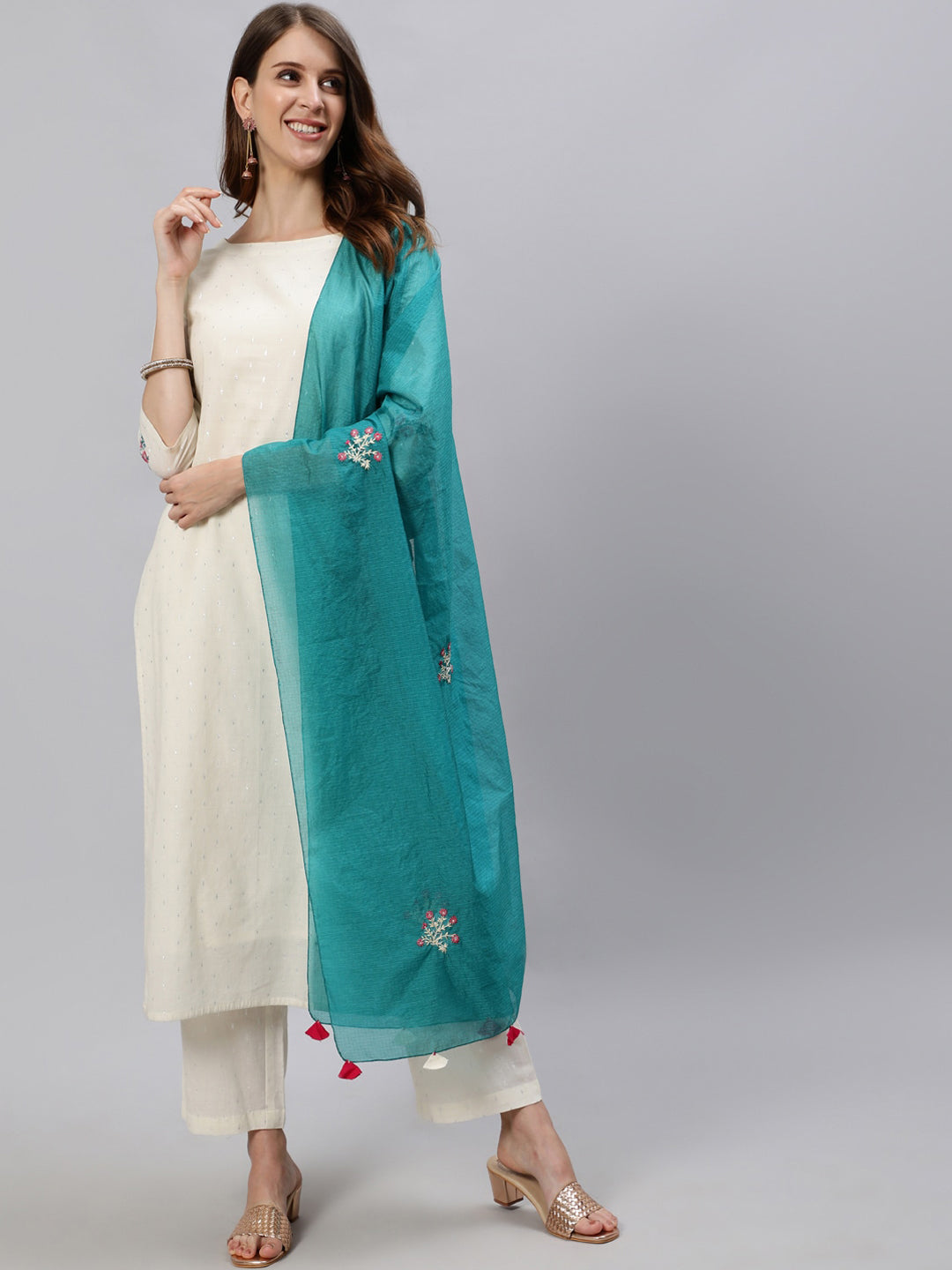 Jaipur Kurti Women White Pure Cotton Kurta with Trousers & With Dupatta - Distacart