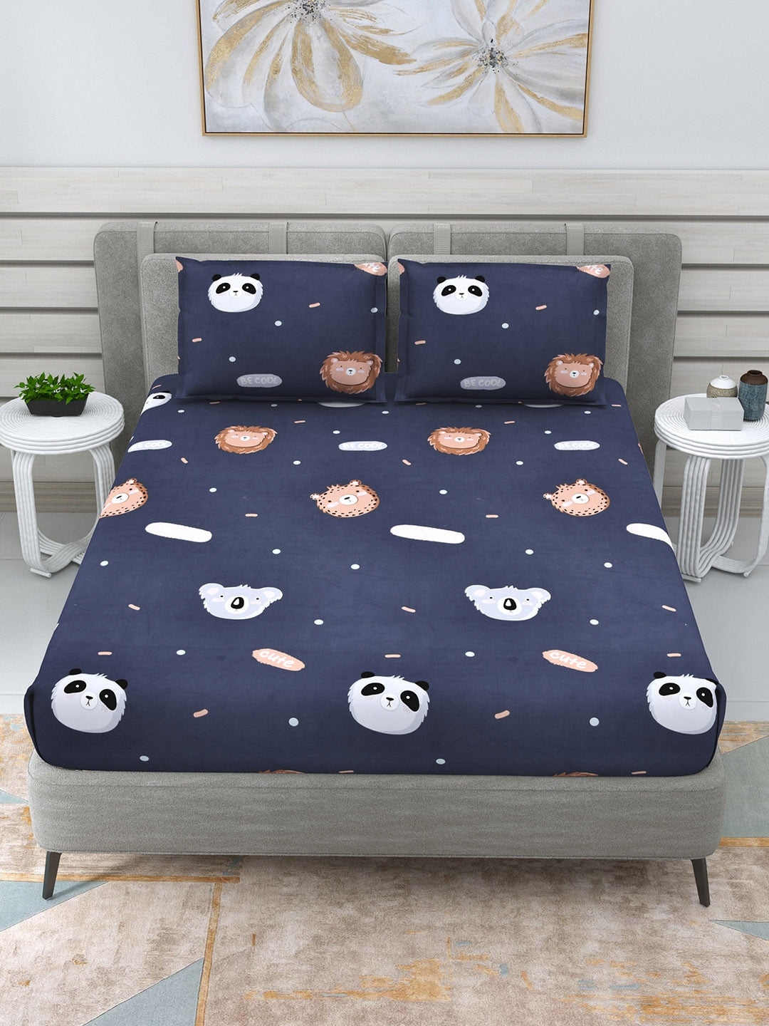 DREAM WEAVERZ Navy Blue & White Conversational Glazed Cotton 220 TC King Bedsheet with 2 Pillow Covers - Distacart