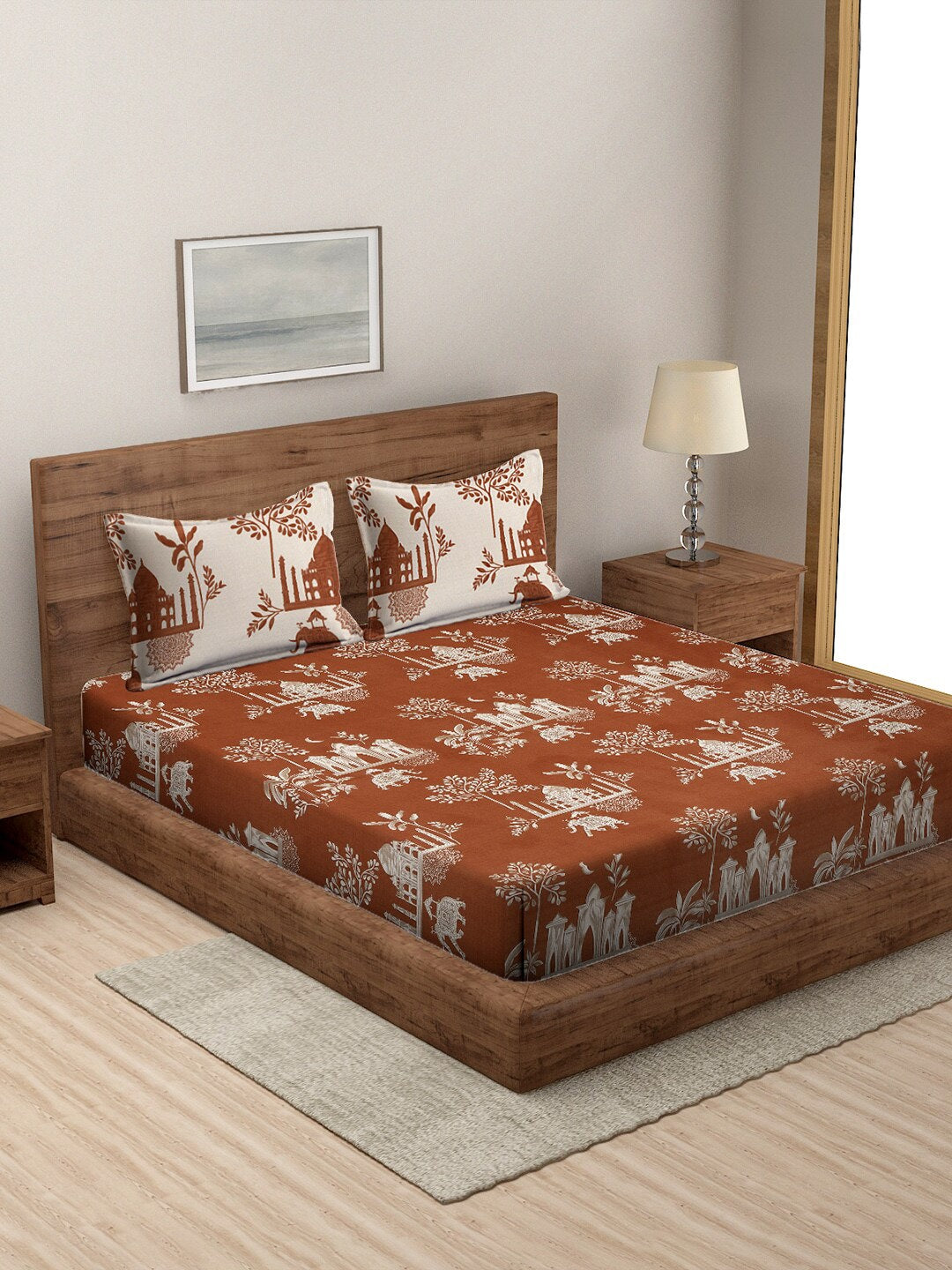 Rajasthan Decor Rust & Cream Printed Cotton 160 TC King Bedsheet with 2 Pillow Covers - Distacart