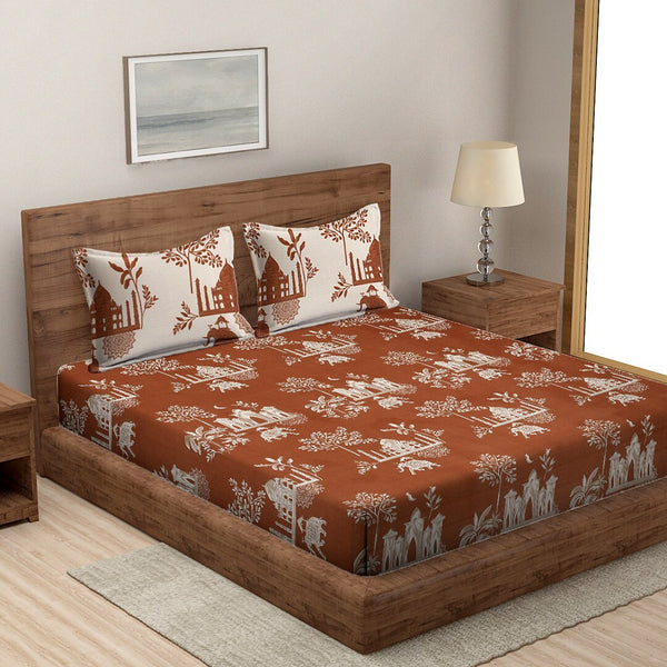 Rajasthan Decor Rust & Cream Printed Cotton 160 TC King Bedsheet with 2 Pillow Covers - Distacart