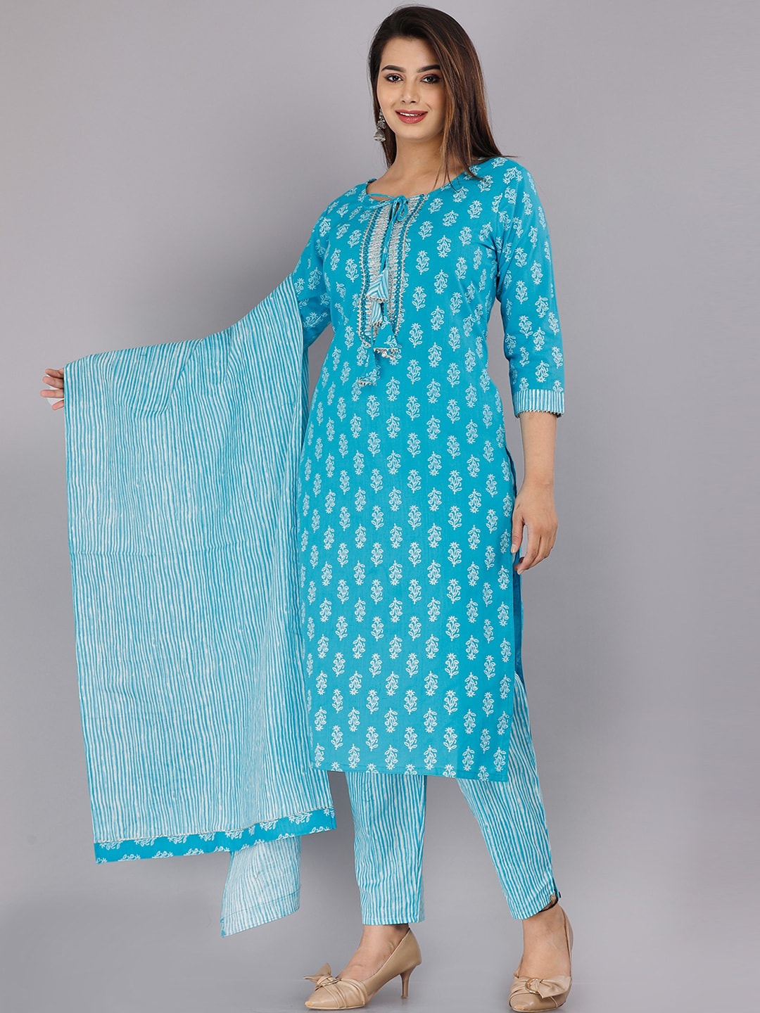 Kalini Women Blue Ethnic Motifs Printed Pure Cotton Kurta with Trousers & With Dupatta - Distacart