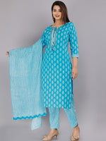 Thumbnail for Kalini Women Blue Ethnic Motifs Printed Pure Cotton Kurta with Trousers & With Dupatta - Distacart