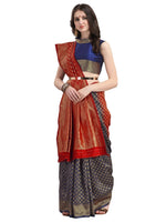 Thumbnail for Kalini Navy Blue & Red Ethnic Motifs Zari Silk Blend Half and Half Kanjeevaram Saree - Distacart