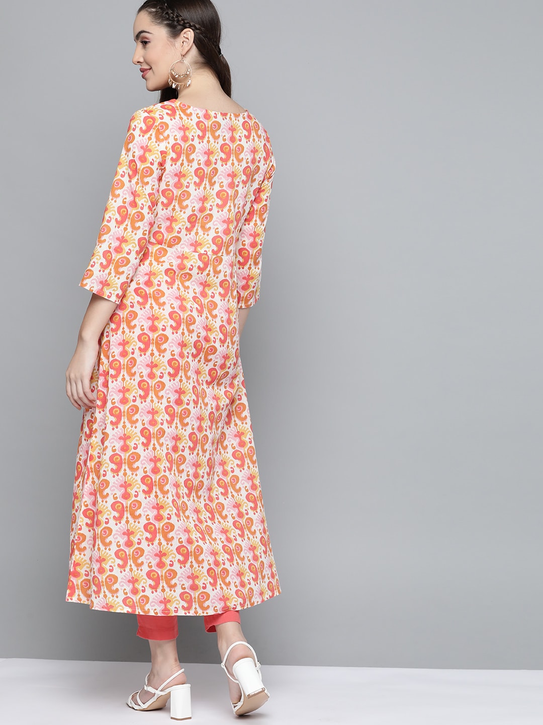 HERE&NOW Women Orange & White Ethnic Motifs Printed Kurta - Distacart