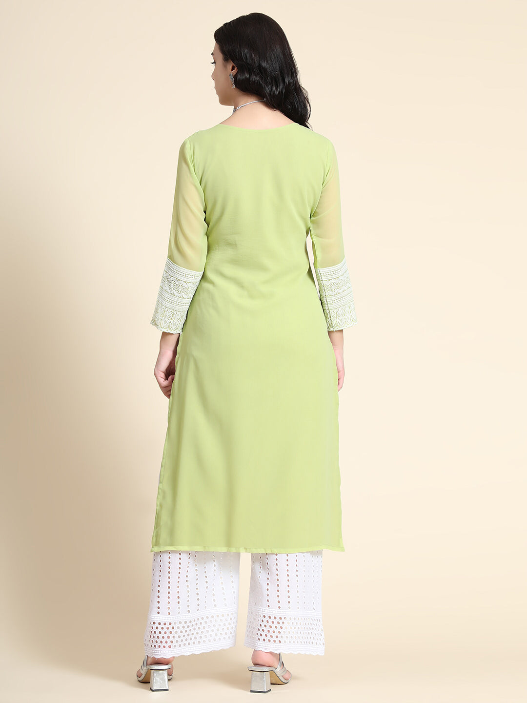 Kalini Women Green Geometric Embroidered Keyhole Neck Thread Work Floral Georgette Kurta - Distacart