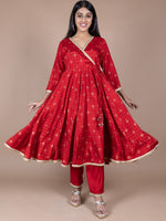 Thumbnail for HERE&NOW Red & Beige Ethnic Motifs Printed Angrakha Gotta Patti Kurta with Trousers - Distacart