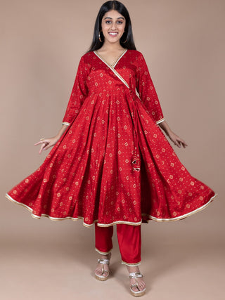 HERE&NOW Red & Beige Ethnic Motifs Printed Angrakha Gotta Patti Kurta with Trousers - Distacart