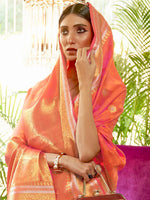 Thumbnail for Mitera Peach-Coloured & Golden Floral Zari Silk Blend Banarasi Saree - Distacart