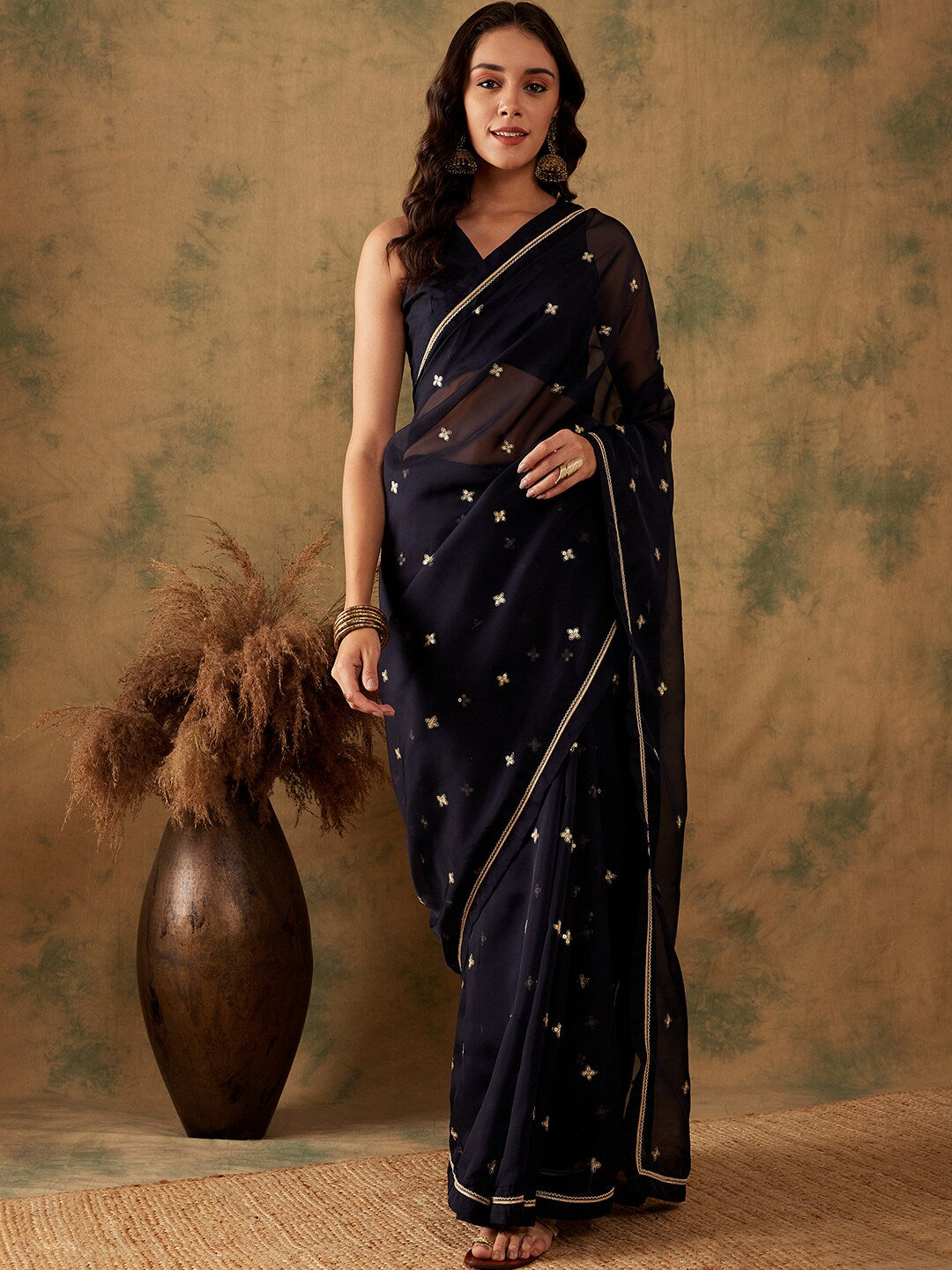 Sangria Floral Sequin Embroidered Organza Sarees - Distacart