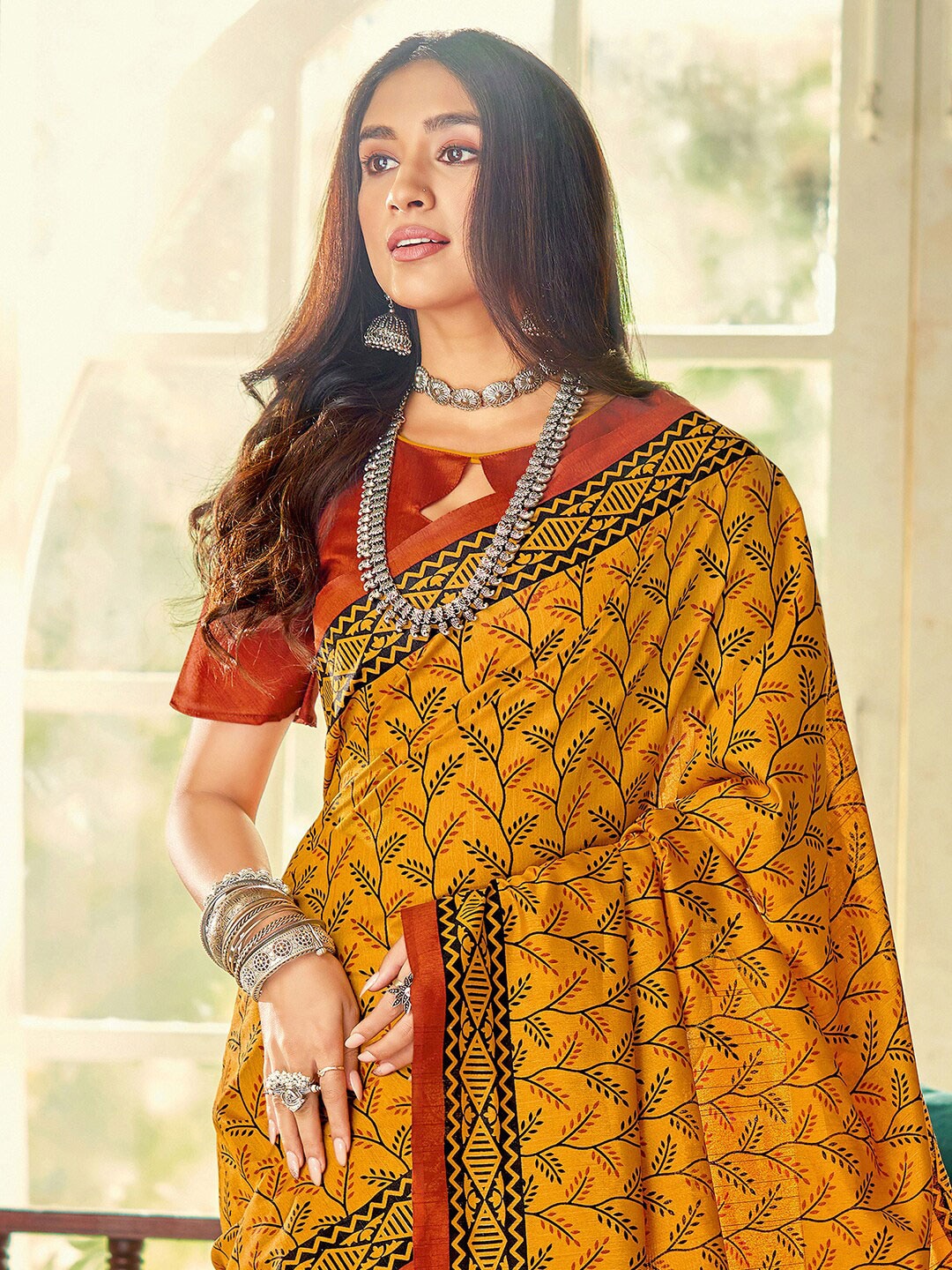 Saree Mall Mustard & Maroon Ethnic Motifs Printed Bhagalpuri Sarees - Distacart