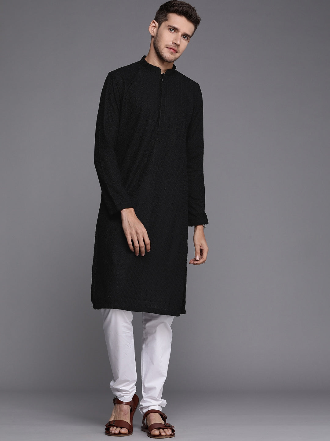 Manyavar Men Black Ethnic Motifs Thread Work Kurta with Churidar - Distacart