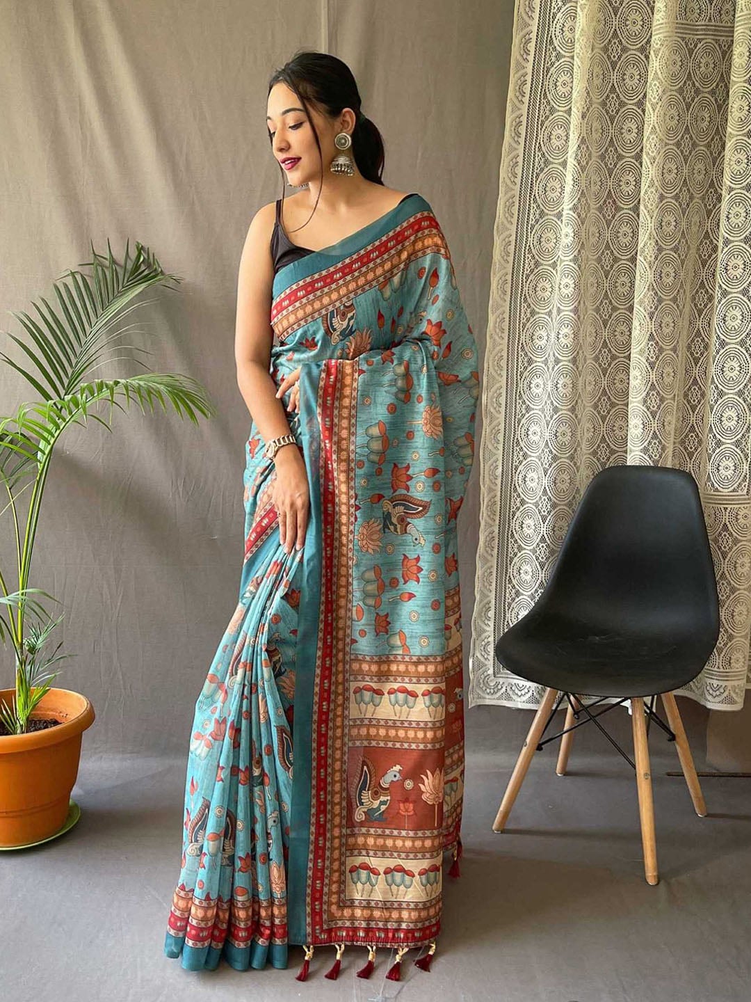 Mitera Cotton Bend Kalamkari Saree With Tassel - Distacart