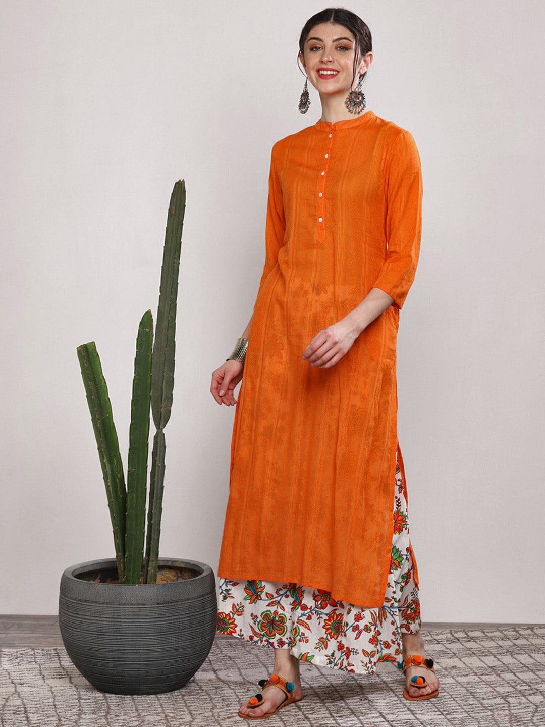 Sangria Women Orange & White Solid Kurta Set - Distacart