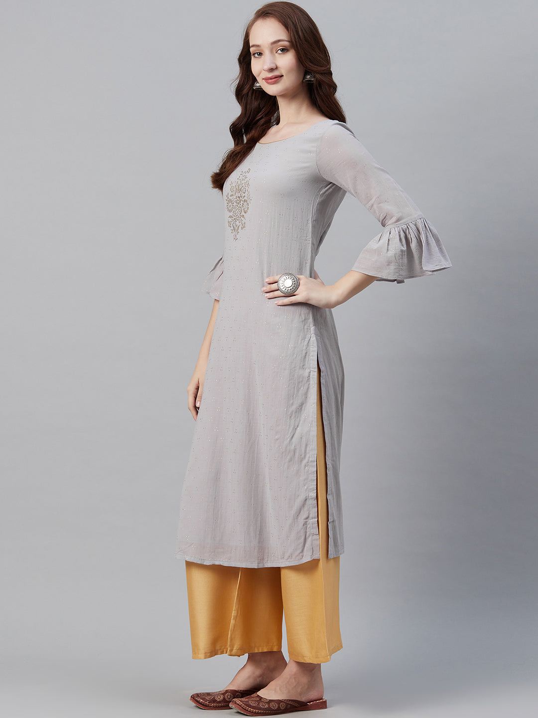 Biba Women Grey & Golden Floral Printed Straight Kurta - Distacart