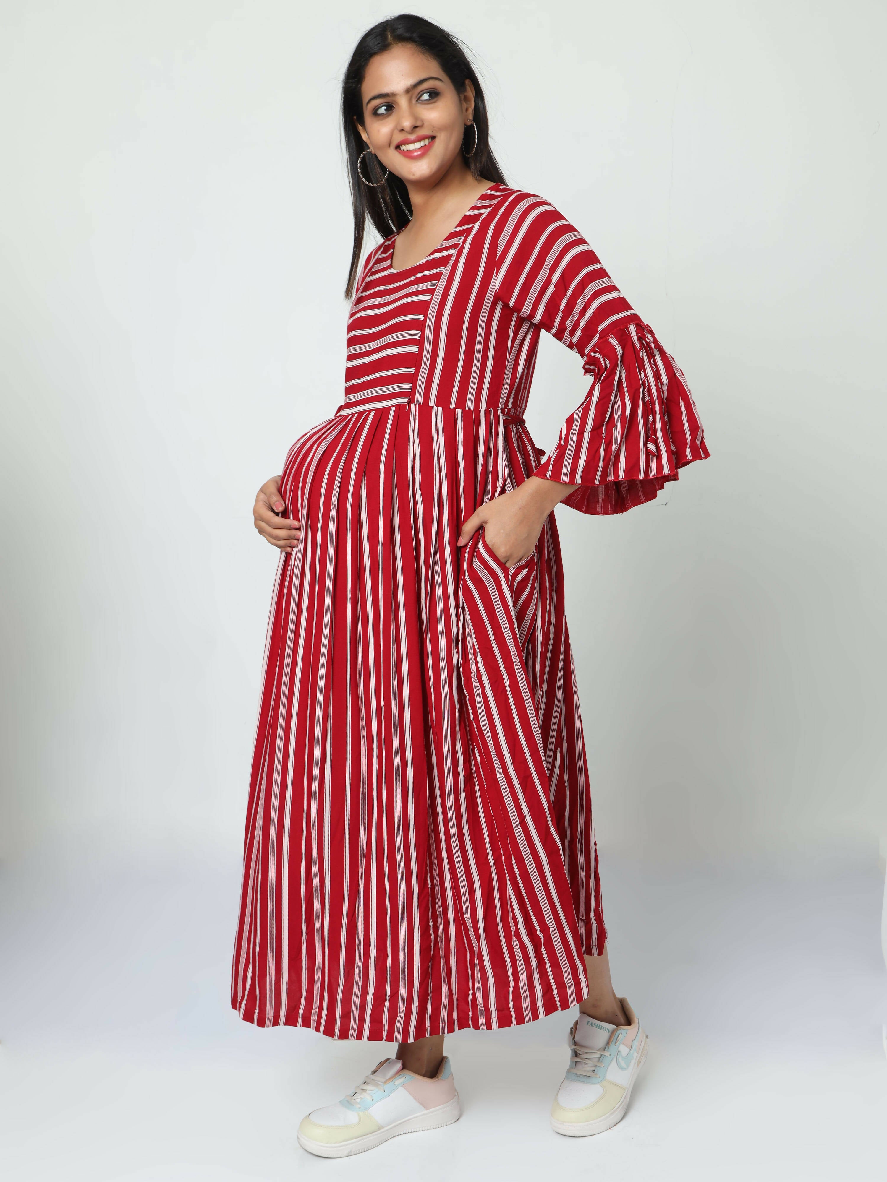 Manet Three Fourth Maternity Dress With Concealed Zipper Nursing Access - Red - Distacart