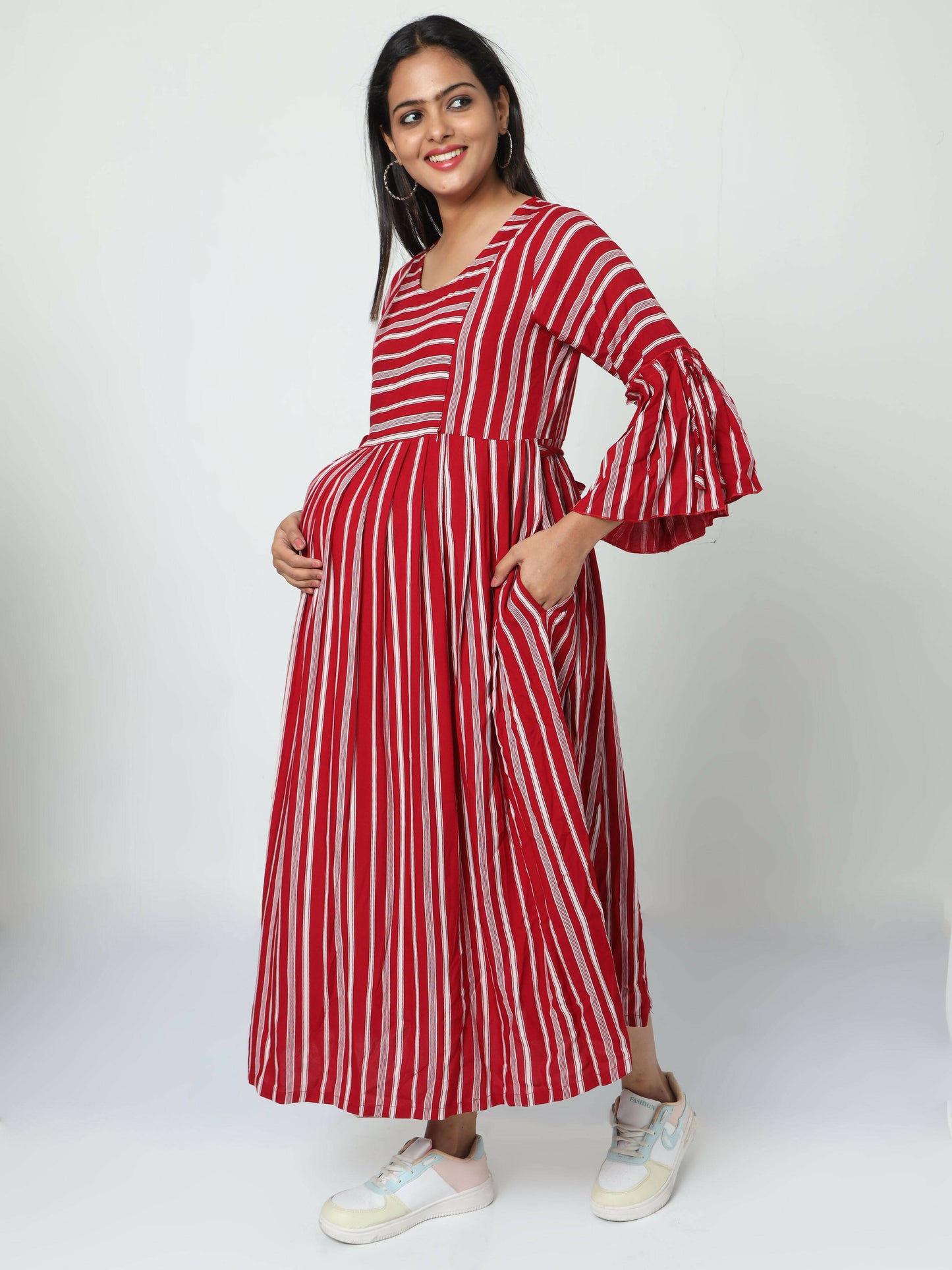 Manet Three Fourth Maternity Dress With Concealed Zipper Nursing Access - Red - Distacart