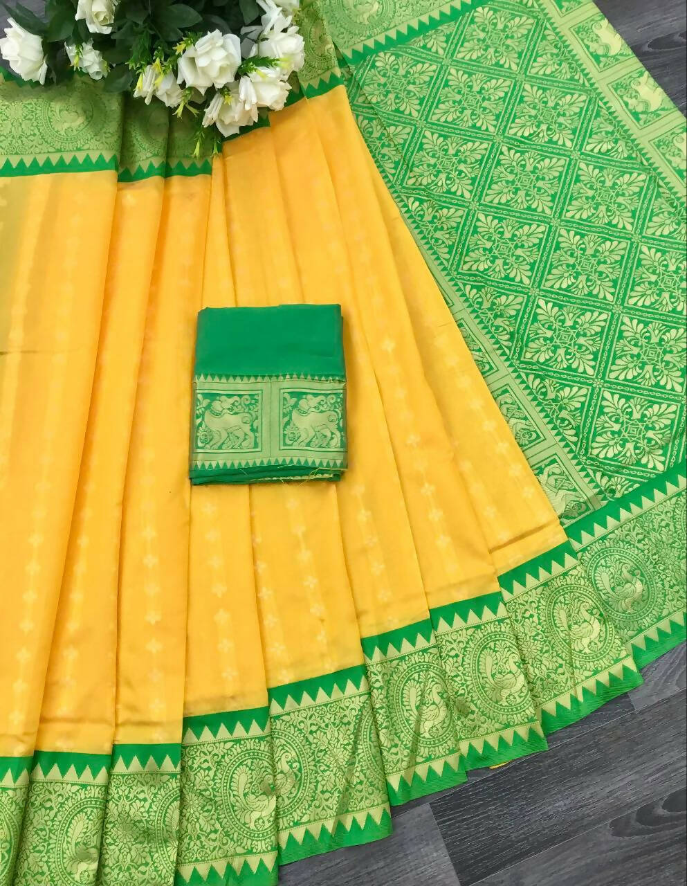 DEIANA'S Beautiful Golden Jari with New Design Soft Lichi Silk Saree - Yellow - Distacart
