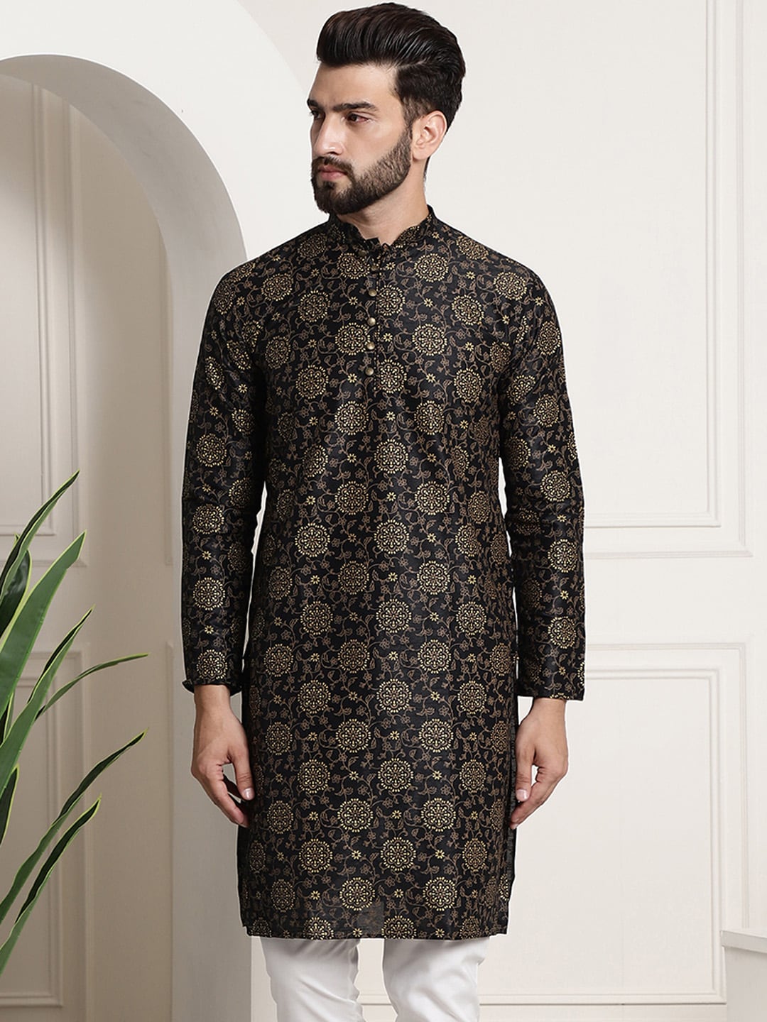 Sojanya Men Black & Brown Ethnic Motifs Printed Kurta - Distacart