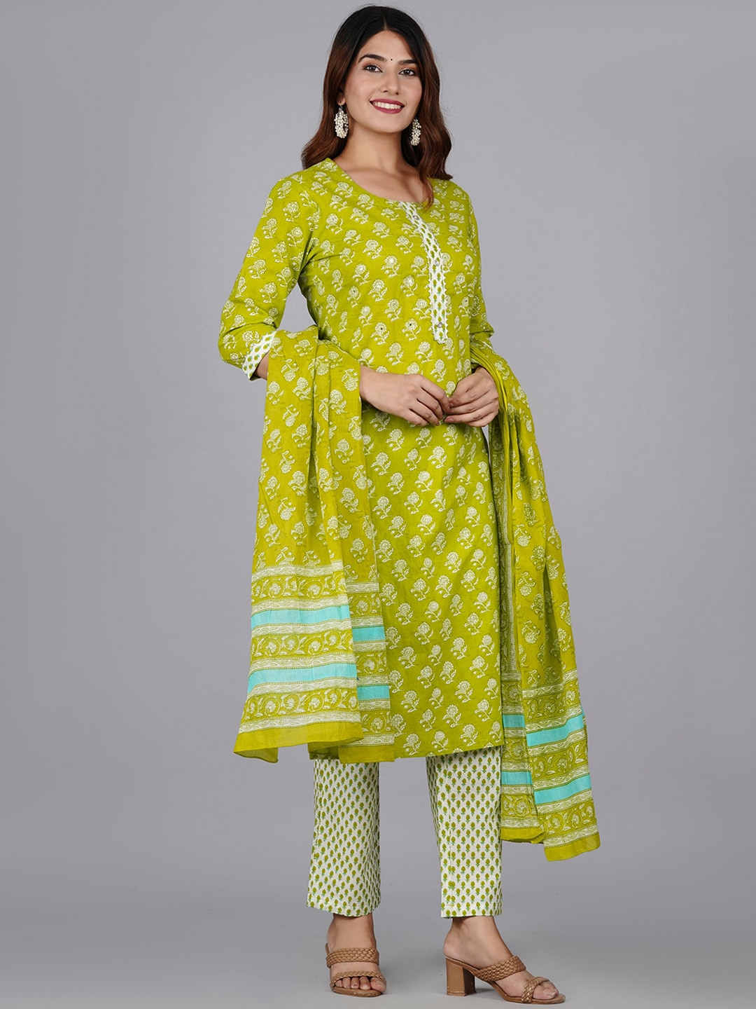Kalini Women Floral Printed Gotta Patti Pure Cotton Kurta With Trousers & Dupatta - Distacart