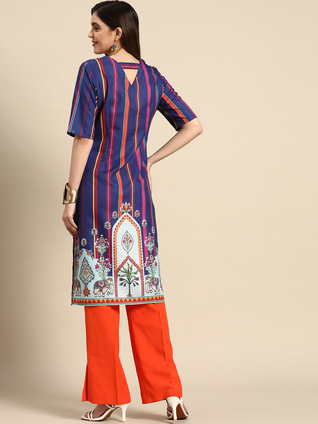 Sangria Striped & Printed Detail Kurta - Distacart