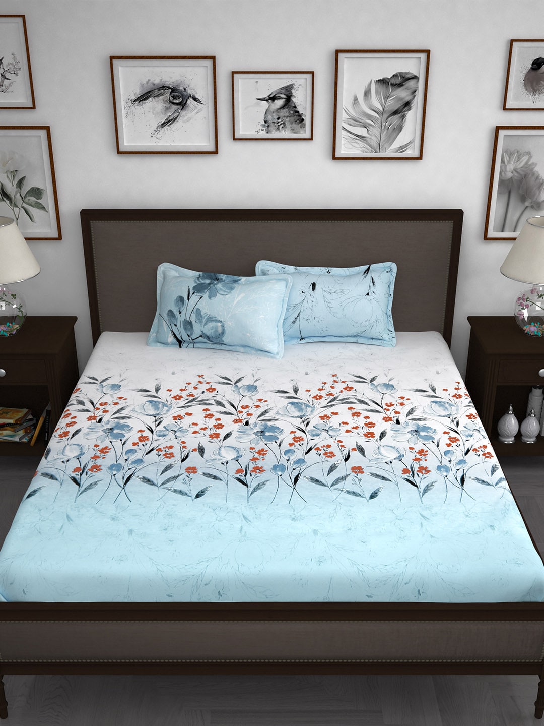 Story@home White & Blue Floral 210 TC Cotton 1 King Bedsheet with 2 Pillow Covers - Distacart