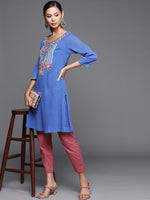 Thumbnail for Biba Women Blue Pure Cotton Floral Embroidered Mirror Work Kurta - Distacart