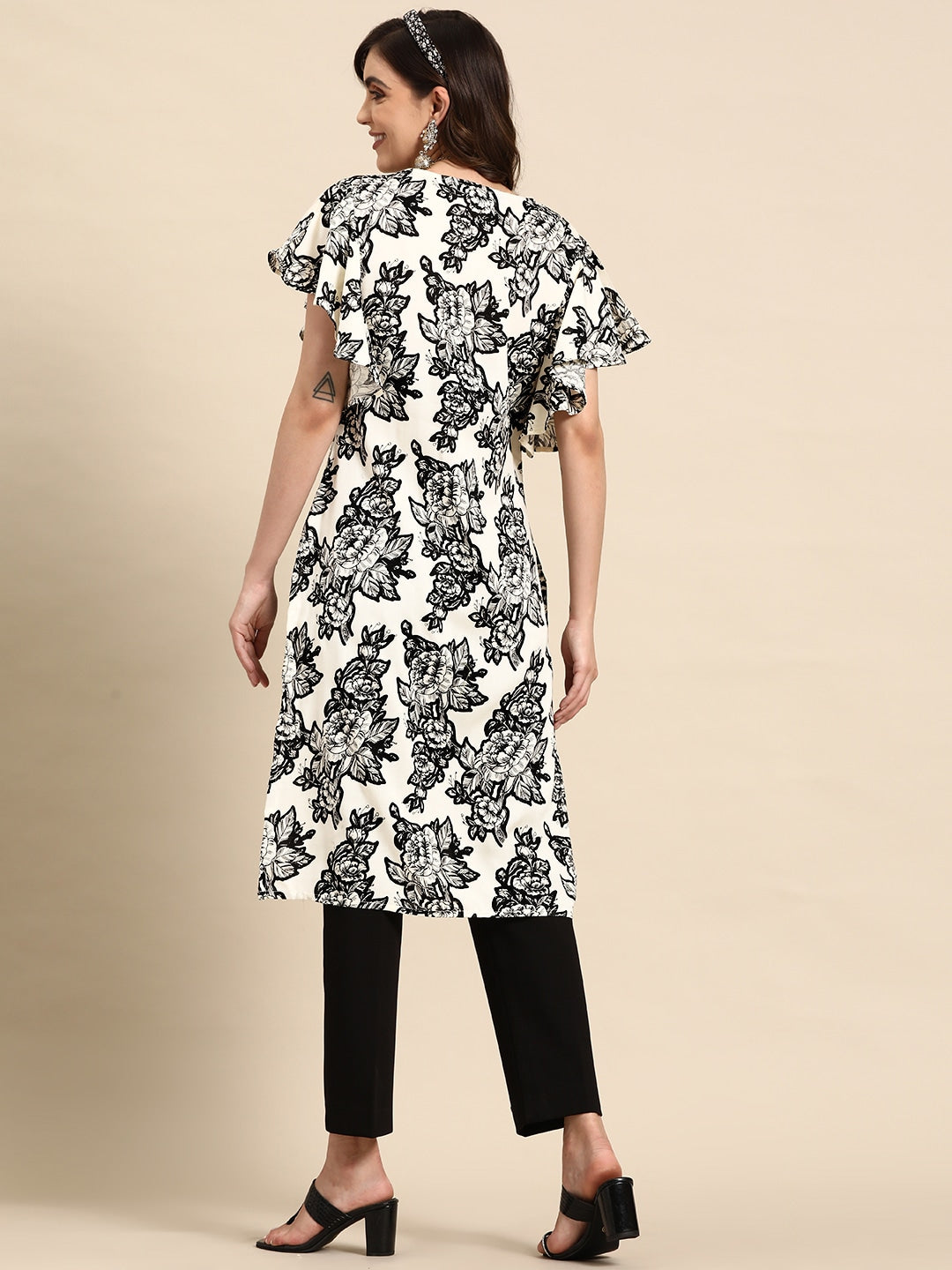 Sangria Floral Print Flutter Sleeves Kurta - Distacart