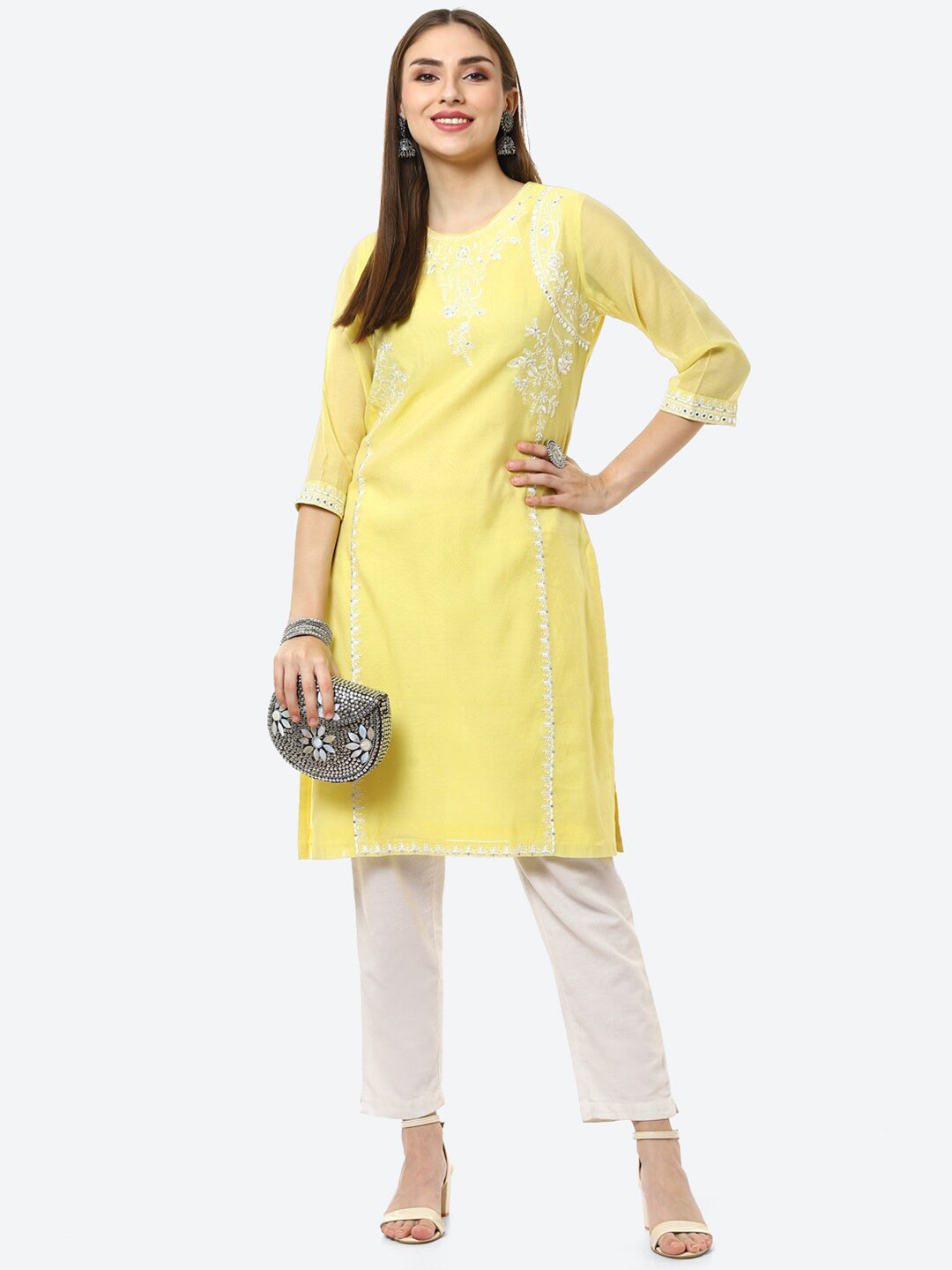 Biba Women Yellow Ethnic Motifs Embroidered Chikankari Kurta - Distacart