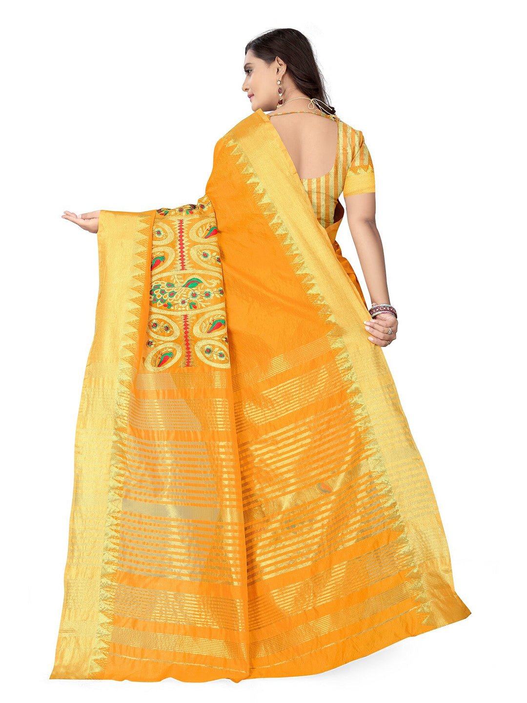 Kalini Yellow & Gold-Toned Woven Design Zari Silk Cotton Bagh Saree - Distacart