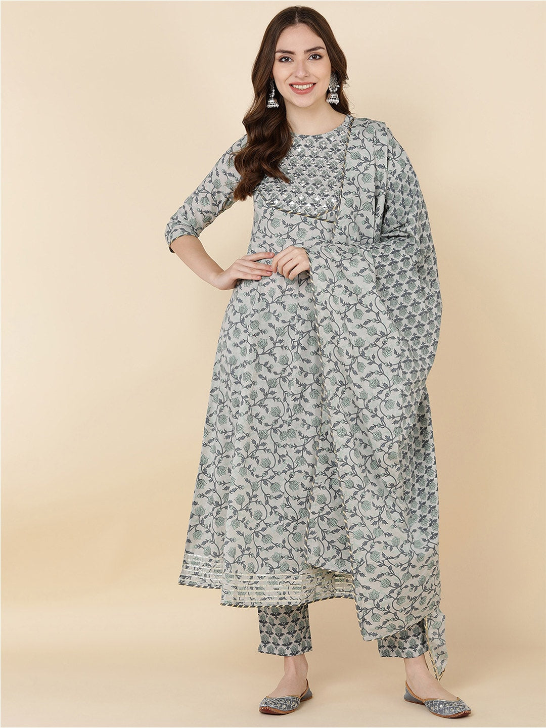 HERE&NOW Women Grey & Olive Green Embroidered Angrakha Kurta with Trousers & With Dupatta - Distacart