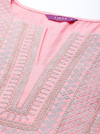 Thumbnail for Libas Pink Floral Yoke Design Regular Kurta with Palazzos & Dupatta - Distacart