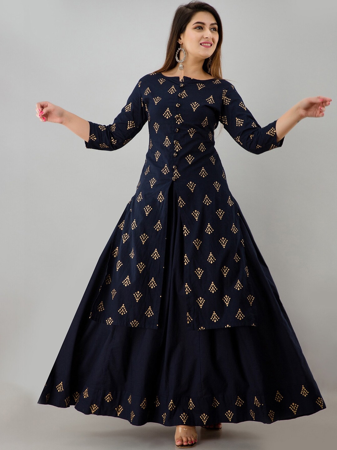 HERE&NOW Blue Ethnic Motifs Printed Regular Kurta with Skirt - Distacart