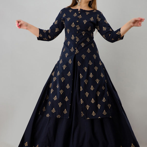 HERE&NOW Blue Ethnic Motifs Printed Regular Kurta with Skirt - Distacart