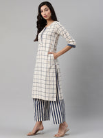 Thumbnail for Biba Women Off-White & Navy Blue Checked Kurta with Palazzos - Distacart