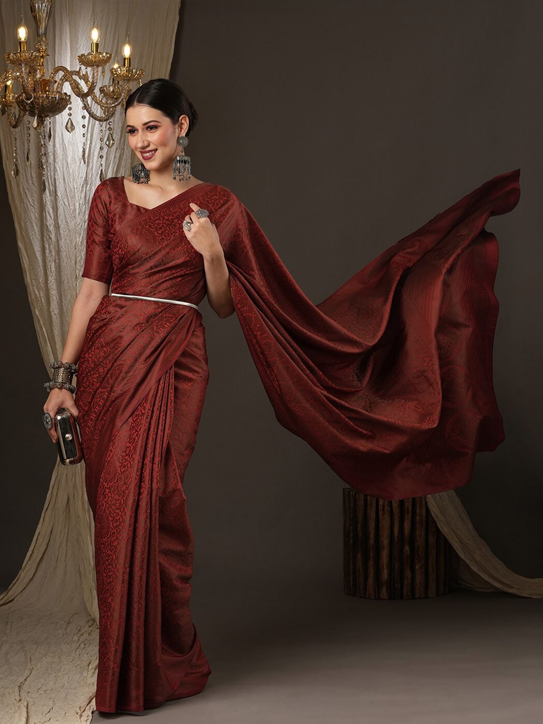 Saree Mall Maroon Woven Design Zari Silk Blend Banarasi Sarees - Distacart