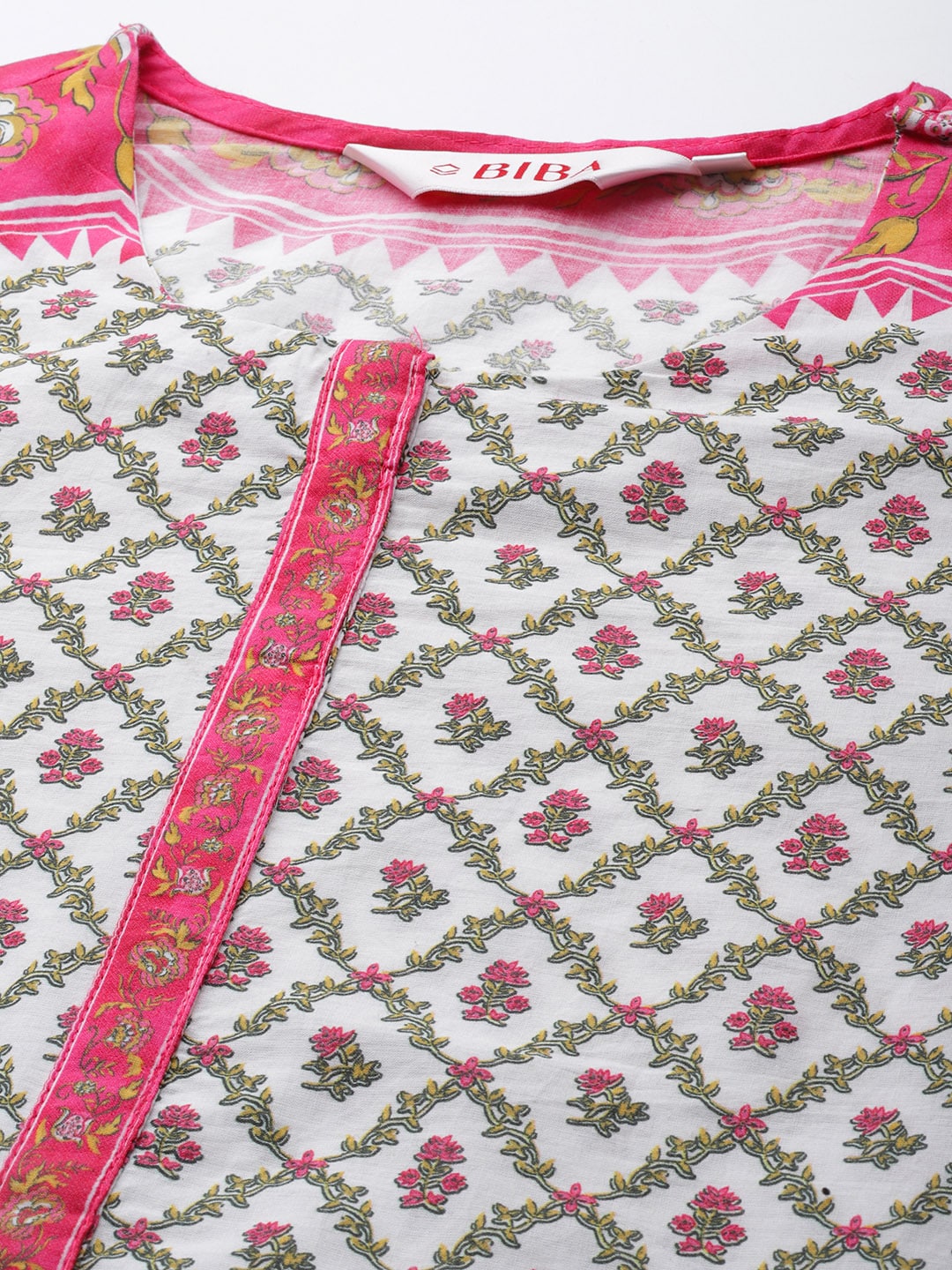 Biba Women White & Pink Ethnic Motifs Printed Cotton Kurta with Palazzos & With Dupatta - Distacart