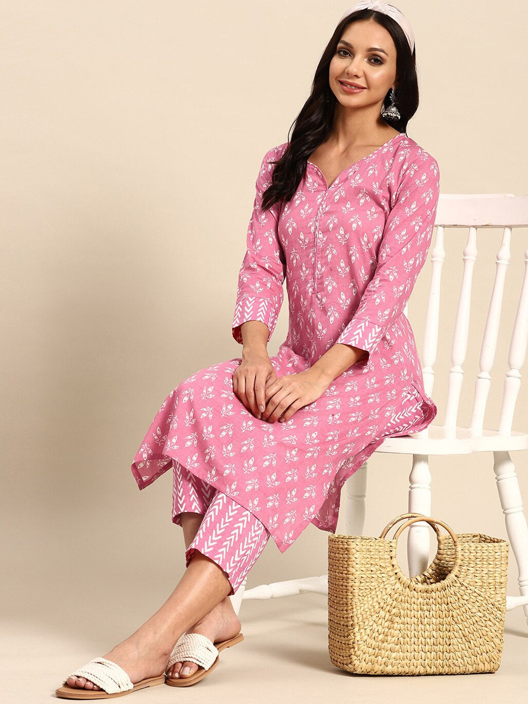 Sangria Pink Ethnic Motifs Printed V-Neck Pure Cotton Straight Kurta With Trouser - Distacart