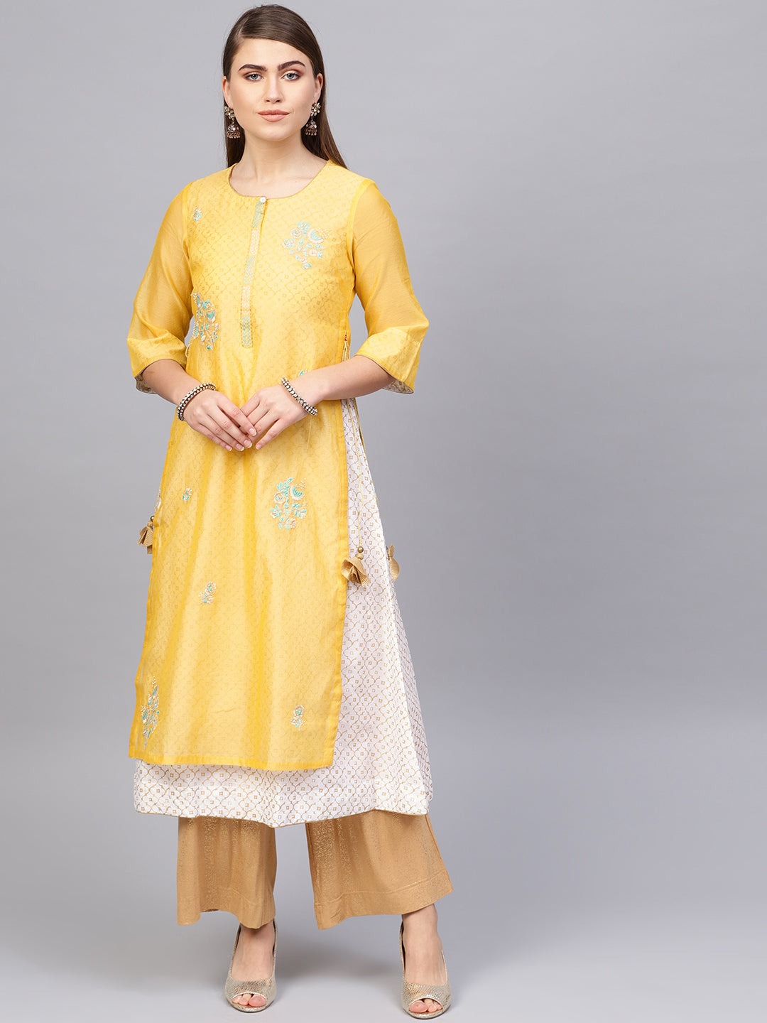 Biba Women Yellow & Off-white Embroidered Layered A-Line Kurta - Distacart
