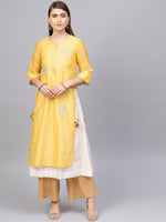 Thumbnail for Biba Women Yellow & Off-white Embroidered Layered A-Line Kurta - Distacart
