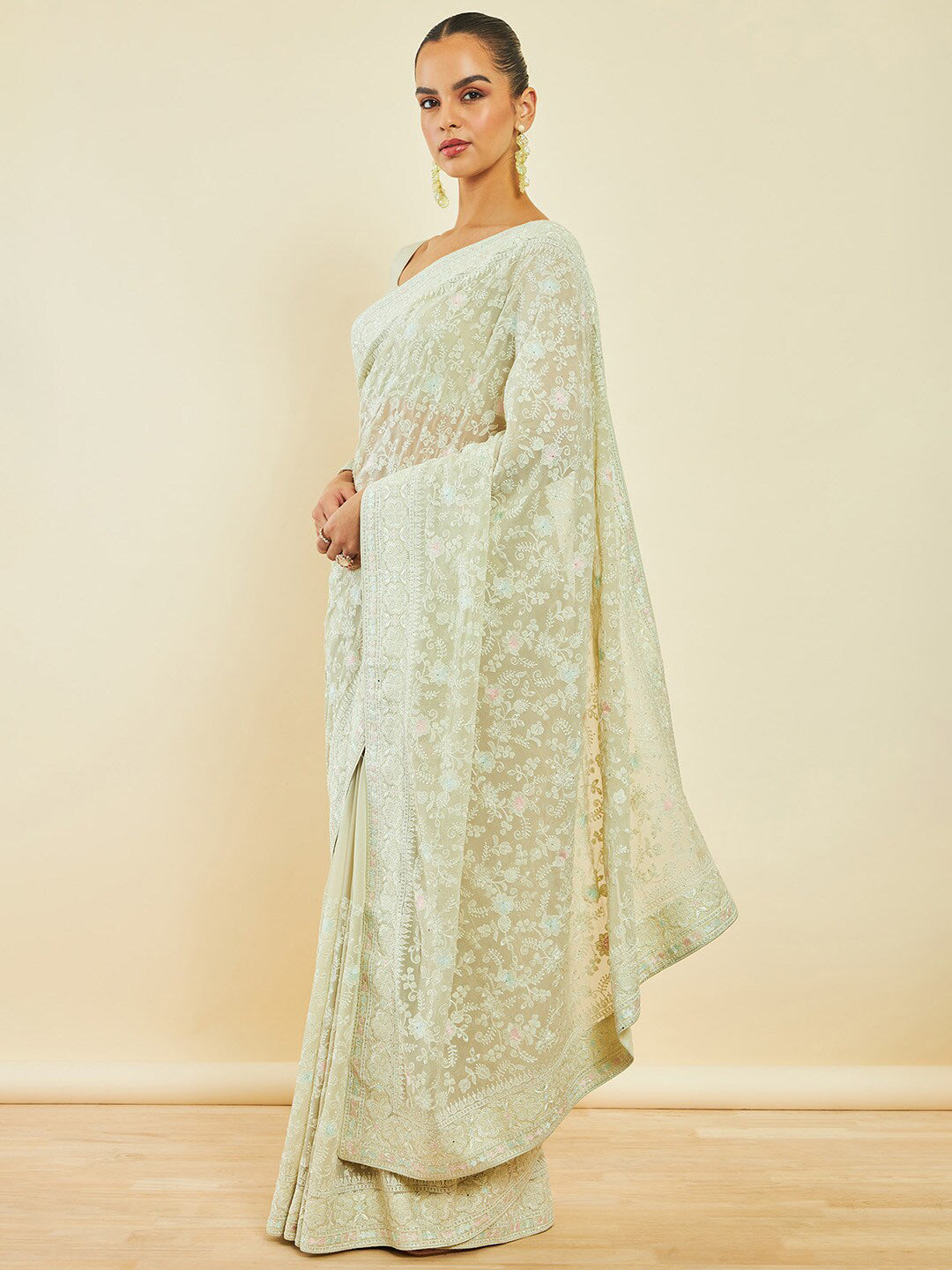 Soch Green Floral Embroidered Beads and Stones Detailed Saree - Distacart