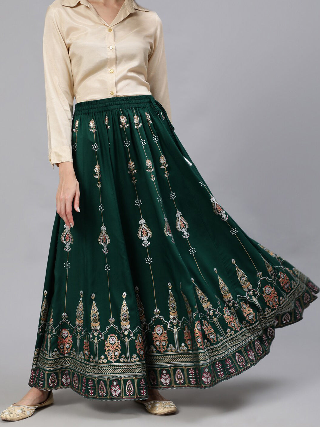 Jaipur Kurti Women Green & Peach-Colored Printed Flared Maxi Skirt - Distacart