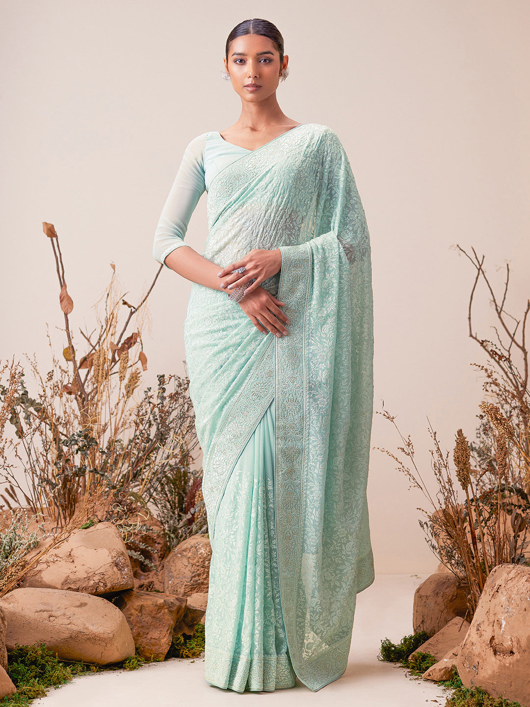 Soch Turquoise Blue Floral Embroidered Saree - Distacart