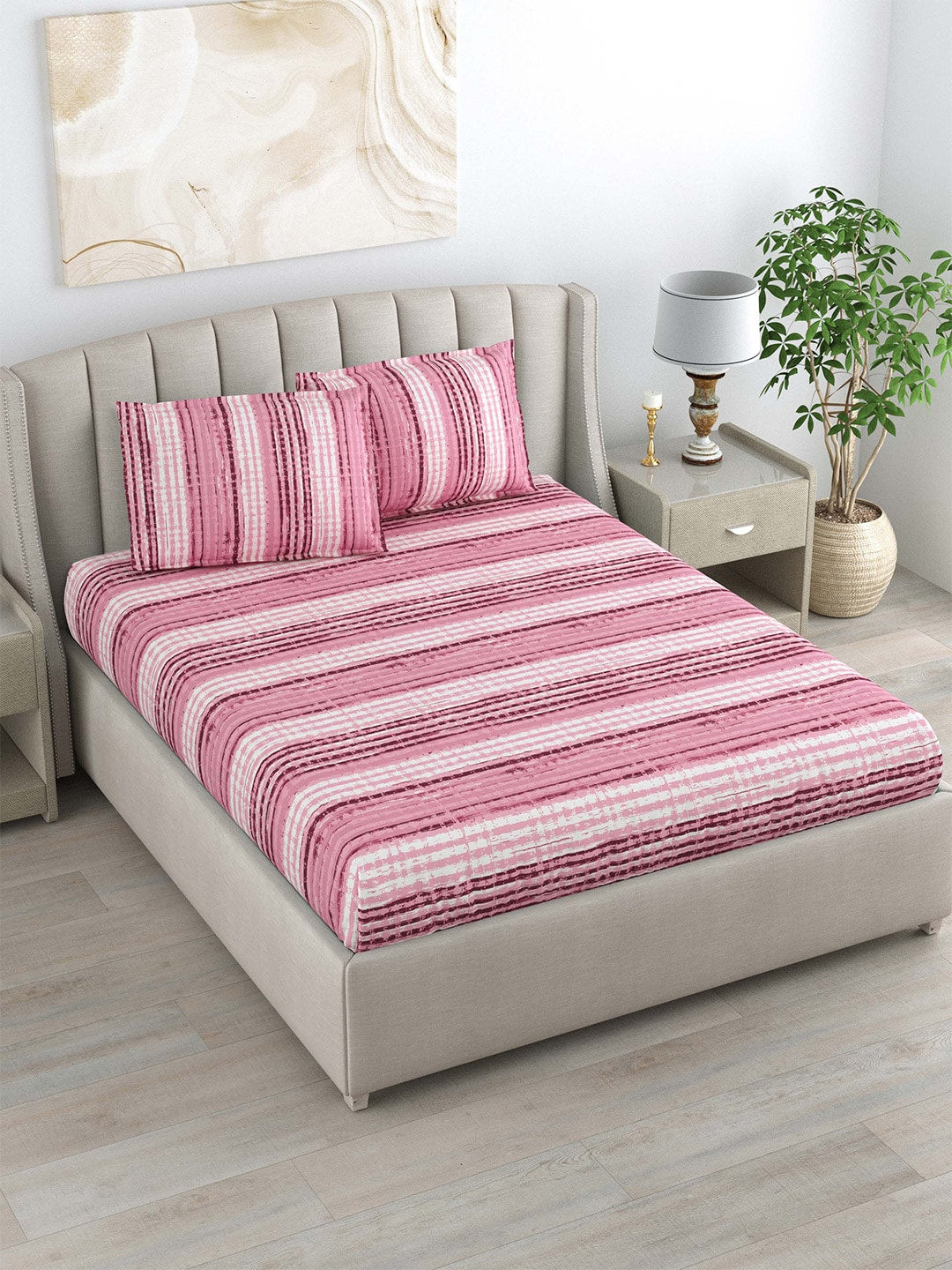 DREAM WEAVERZ Pink Striped Pure Cotton 220 TC King Bedsheet With 2 Pillow Covers - Distacart